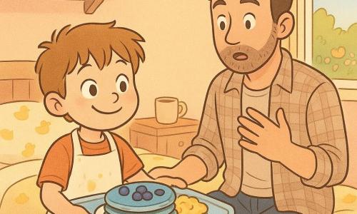 A 6-year-old boy with a round face, messy light-brown hair, bright eyes and a mischievous focused smile wears a large white apron stained with egg yolk and bows like a little waiter while holding a tray of bluish blueberry pancakes and scrambled eggs; a 35–40-year-old father with light beard and short brown hair sits on the bed in surprise and tenderness, one hand on his heart and the other reaching for the tray, wearing an open plaid shirt over a light t-shirt; the boy is foreground right and the father background left on a bed with a yellow-duck duvet in a softly lit peach-walled room with shelves of colorful books and stuffed animals, an open window to a sunny garden with flowers and a steaming cup of coffee on a small table; the scene is a proud improvised waiter offering a Father’s Day surprise breakfast, warm expressions, pastel colors, joyful tender atmosphere, simple comic style with soft outlines and subtle textures.