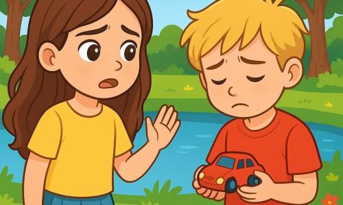 Uma menina de 8 anos, com cabelos longos e castanhos e olhos brilhantes, está à beira de um pequeno lago em um parque verdejante. Ela tem uma expressão de preocupação no rosto, com as sobrancelhas levemente franzidas e a boca entreaberta, como se hesitasse em falar. Ao seu lado, um menino de 8 anos, com cabelos loiros bagunçados e uma camiseta vermelha, olha para o chão, parecendo envergonhado, segurando um pequeno carrinho vermelho nas mãos. Ele está um pouco recuado, como se tivesse medo de ser julgado. Ao fundo, árvores majestosas com folhas verdes vibrantes e flores coloridas emolduram o lago, criando uma atmosfera tranquila e acolhedora. A cena representa um momento delicado em que a menina encoraja seu amigo a dizer a verdade sobre o brinquedo encontrado, ilustrando o tema da mentira e da honestidade.