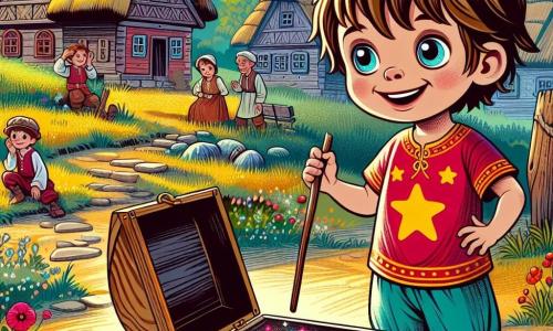 Un băiat de 4 ani, pe nume Luca, cu părul castaniu și ochi strălucitori de curiozitate, stă în centrul imaginii, uimit de o cutie colorată care strălucește. Poartă un tricou roșu cu stele și o pereche de pantaloni scurți albaștri, având un zâmbet mare pe față, arătându-și entuziasmul pentru aventura ce îl așteaptă. Lângă el, un alt băiat, Mihai, de aproximativ 6 ani, cu părul blond și ochi deschiși, poartă o tunică tradițională bej. El îl privește pe Luca cu un zâmbet prietenos, ținând în mână un băț de lemn, pregătit să se joace. Mihai stă ușor înapoi, într-o postură primitoare, ca și cum l-ar invita pe Luca să se alăture jocului. Fundalul este un sat vechi, cu case din lemn și acoperișuri de paie, înconjurat de câmpuri verzi și flori colorate. Copiii se joacă pe strada pavată, iar adulții își desfășoară activitățile zilnice, creând o atmosferă caldă și animată. Situația principală îl arată pe Luca descoperind cutia magică care l-a transportat în trecut, pregătindu-se să exploreze această lume nouă plină de bucurie și prietenie, înconjurat de râsete și jocuri.