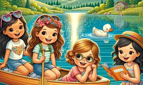 Quattro ragazze di undici anni, Aurora, Giulia, Sofia e Marta, sono riunite presso un lago scintillante. Aurora, con i lunghi capelli castani e gli occhi brillanti, tiene una pagaia e sorride felicemente. Accanto a lei, Giulia, con i capelli ricci e occhiali da sole, ride mentre cerca di remare nel kayak. Sofia, con una treccia bionda e un cappello di paglia, osserva i anatre che nuotano vicino a loro, incantata. Infine, Marta, con i capelli lisci e una fascia colorata, prende appunti nel suo quaderno, ansiosa di raccontare la loro avventura. Il luogo è un magnifico lago circondato da colline verdi, con alberi maestosi che si riflettono nell'acqua chiara. Il cielo è di un blu intenso, punteggiato da alcune nuvole bianche e soffici, e il sole brilla intensamente, creando riflessi scintillanti sulla superficie dell'acqua. La scena principale mostra le ragazze che remano insieme nel loro kayak, ridendo e incoraggiandosi a vicenda mentre esplorano le meraviglie della natura che le circonda.