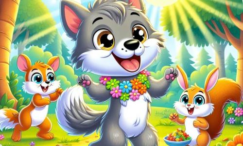 Un pequeño lobo de pelaje gris y ojos brillantes de alegría baila con entusiasmo en el centro de un claro soleado, con las patas levantadas y una gran sonrisa en su rostro. Lleva un collar de flores coloridas alrededor del cuello, simbolizando la diversidad. A su derecha, una pequeña ardilla de pelaje marrón claro y ojos vivos, saltando de felicidad, sostiene nueces decoradas en sus pequeñas patas, lista para compartirlas con sus amigos. A su izquierda, un joven conejo de grandes orejas blancas y ojos curiosos, sonriendo y preparando un plato de ensalada de zanahorias, mira a Lupi con admiración. La escena se desarrolla en un claro verde, rodeado de majestuosos árboles con hojas brillantes, donde crecen flores multicolores, creando una atmósfera alegre y festiva. Rayos de sol filtran a través de las ramas, iluminando el suelo y añadiendo un toque mágico al entorno. La situación principal muestra al pequeño lobo enseñando a sus amigos cómo bailar bajo la luna, todos unidos en una celebración alegre de la diversidad, con risas y aplausos resonando a su alrededor.