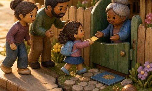 A determined 4-year-old girl with a round face, brown curly hair, rosy cheeks and a light blue backpack holds a small blue envelope (a shiny folded yellow message) in both hands as she walks toward a miniature green wooden garden gate; her mother (~30) with tied-back hair smiles softly behind her while her father (~32) with a light beard leans in encouragingly, and her grandmother (~65) with gray hair in a bun waits at the partly open gate with arms open. The suburban mini garden shows a blue doormat with a sun, a round-stone path across a sidewalk crack like a little “river,” well-kept green lawn, yellow and purple flowers along the fence, a shiny brown snail on a nearby stone, wood textures and matte paint, warm saturated colors and soft late-afternoon light casting long shadows. The scene centers on the brave little girl handing the message to her grandmother through the gate—a calm, tender moment of everyday heroism.