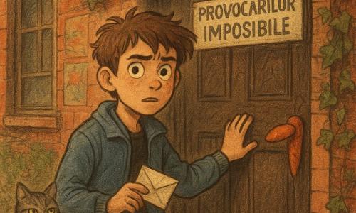 Băiat de 12 ani, expresie curioasă și nervoasă, ochi mari și sprâncene încruntate, păr șaten dezordonat, jachetă lejeră albastră și blugi uzați, ținând în mâna dreaptă o invitație strălucitoare pliată ca un avion și cu mâna stângă pe ușă; alături, o pisică vecină importantă numită Doamna Fâs-Fâs, blană gri tigrată și ochi verzi pătrunzători, stând pe pragul din stânga cu privirea solemnă; locație: în fața unei biblioteci vechi din cărămidă roșie acoperită de iederă, ușă mare din lemn închis cu mâner în formă de morcov portocaliu, afișe colorate pe perete și lumină de seară care proiectează umbre lungi; situație: băiatul stă la 17:17 în fața ușii sculptate, invitația vizibilă, pregătit să apese mânerul-morcov, atmosferă misterioasă și prietenoasă, praf plutind în razele de lumină, un panou în spate arătând „Clubul Provocărilor Imposibile”.