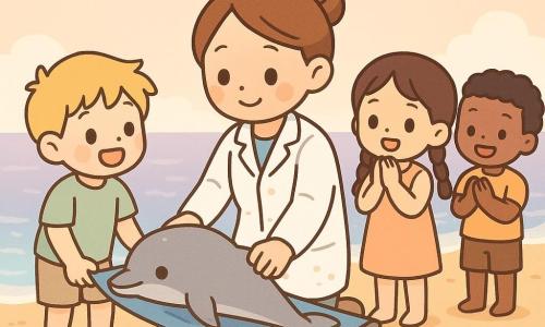 Eine konzentrierte, lächelnde Tierärztin mit zusammengebundenen kastanienbraunen Haaren und leicht sandverschmutztem weißen Kittel kniet und hält sanft ein kleines perlmuttgraues Delfinbaby auf einer blauen Stoffbahre, während der etwa 8-jährige Ben mit zerzaustem blondem Haar die Bahre links trägt, ein etwa 6-jähriges Mädchen mit zwei Zöpfen hinter der Tierärztin die Hände vor dem Mund hält und erstaunt schaut, zwei weitere Kinder (etwa 7 und 5 Jahre) rechts applaudieren neben kleinen Wassereimern; der Delfin wirkt müde, aber erleichtert, seine nasse glatte Haut glänzt mit Wassertropfen, die breite goldene Strandfläche mit feuchtem Sand, leichten Wellen, vereinzelten Muscheln, Fußspuren und fliegenden Möwen liegt im warmen Pastelllicht des späten Tages, die Gruppe bereitet fürsorglich und hoffnungsvoll die Rückkehr des Delfins ins Meer vor.
