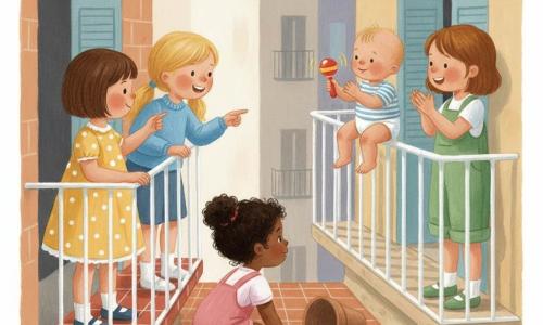 Hay 5 personajes: Ana, niña de 1 año, pelo corto castaño, vestido amarillo con lunares, a la izquierda en el balcón ofreciendo una galleta; Bea, niña de 1 año, coletas rubias y suéter azul, centro-izquierda, sonriendo y señalando el sonajero; Caro, niña de 1 año, pelo negro rizado, ranita rosa, agachada junto a una maceta mirando al bebé; Dora, niña de 1 año, pelo castaño claro, peto verde, a la derecha aplaudiendo; bebé vecino, niño de ~1 año, en pañal y body a rayas, sentado en el borde del balcón frente a las niñas sosteniendo un sonajero rojo y amarillo que suena. Lugar: balcón soleado con baldosas rojas, barandilla de hierro blanco, dos macetas (una con agua derramada), una pequeña silla de madera y al fondo fachadas coloridas. Situación: las niñas recuperan el sonajero; ambiente cálido y curioso, pinceladas de gouache visibles y colores pastel vivos, expresiones amables y gestos claros.