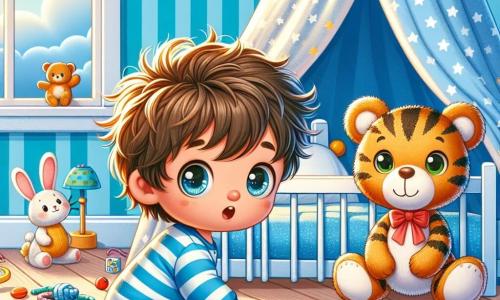 Un bambino di 2 anni, Leo, con capelli castani disordinati e grandi occhi brillanti, cerca il suo peluche nella sua stanza. Indossa un pigiama a righe blu e giallo, e il suo viso esprime una leggera preoccupazione mista a eccitazione. Accanto a lui, il suo orso di peluche, un grande orso marrone con un fiocco rosso attorno al collo, sembra incoraggiarlo, seduto a terra con un'espressione amichevole. Più lontano, il gatto Minù, un piccolo gatto tigrato con occhi verdi brillanti, gioca con un gomitolo di lana, osservando Leo con curiosità. La stanza è colorata, con pareti dipinte di azzurro chiaro, giocattoli sparsi sul pavimento e un letto a baldacchino con lenzuola a motivi di stelle. Una finestra lascia entrare la dolce luce del sole, illuminando la stanza. La scena principale mostra Leo, accovacciato, che guarda sotto il letto con un'espressione determinata, mentre il suo orso e Minù lo incoraggiano a trovare il suo prezioso peluche, il piccolo coniglietto blu.
