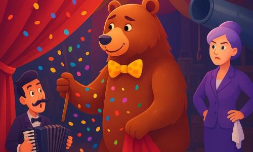 Un grande orso bruno antropomorfo dal pelo lucido con fiocco giallo a pois, sorriso determinato ma imbarazzato, tiene con una zampa il pesante tendone rosso di velluto e con l'altra una grande scopa mentre coriandoli multicolori gli cadono addosso; a sinistra, un piccolo musicista umano snello, fisarmonicista con baffi a manubrio e sguardo sorpreso ma divertito, seduto su una cassa e con la fisarmonica da cui escono coriandoli e paillettes; dietro a destra la direttrice elegante di mezza età con capelli lavanda e tailleur viola, severa ma sollevata, mano sul fianco e un panno in mano osserva la scena; sullo sfondo le quinte del tendone con tavole consumate, luci calde, corde, casse impilate e un grande cannone metallico per coriandoli semiaperto che ha esploso una pioggia di carta: il cannone ha allagato le quinte e l'orso, coperto di carta colorata, cerca di aprire e tenere il tendone senza farsi prendere dal panico mentre musicista e direttrice reagiscono, atmosfera caotica e comica.