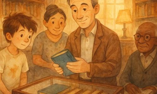 Un uomo — il detective Lorenzo — al centro, volto attento e sorriso lieve, capelli grigi, giacca marrone, tiene delicatamente un libro dal dorso blu e mostra soddisfazione calma; un ragazzo — Leo, circa 12 anni — a sinistra, capelli arruffati, maglietta macchiata di marmellata, sguardo imbarazzato e mani giunte, inclinato verso la vetrina aperta come a confessare; una donna — la signora Marini, circa 50 anni — dietro la vetrina, abito dai motivi discreti, capelli raccolti, volto sollevato, mani sul bordo del banco di vetro; un uomo anziano — il signor Bianchi, circa 70 anni — a destra seduto, occhiali tondi, cardigan, sorriso benevolo e un giornale in grembo; scena in una vecchia biblioteca con scaffali in legno scuro, luci calde e ampie finestre che diffondono luce dorata, la vetrina aperta mostra il libro blu incastrato tra volumi antichi; tutti raccolti attorno alla vetrina, espressioni di sollievo e curiosità, atmosfera dolce e risolutiva, colori acquerello e texture di carta e legno.