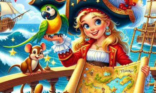 La Capitana Stella, una donna dallo sguardo determinato e dal sorriso splendente, indossa un grande cappello rosso decorato con una piuma dorata. È in piedi sul ponte della sua nave, tenendo una mappa del tesoro con stelle brillanti disegnate sopra. Accanto a lei, il piccolo pappagallo Pico, con piume verdi e gialle, è posato sulla sua spalla, che grida gioiosamente: “Tesoro! Tesoro!” Poco più in là, il giovane topolino Leo, un ragazzino con orecchie a punta e un cappello da pirata, guarda la mappa con curiosità, mentre la scimmietta Mimi, una bambina dagli occhi maliziosi e dalla coda arricciata, scala l'albero maestro, osservando l'orizzonte con eccitazione. Il luogo è una magnifica nave pirata, con vele bianche che sventolano al vento, cordami avvolti e un cielo blu punteggiato di nuvole soffici. Il mare scintilla sotto il sole, con onde dolci che si infrangono contro lo scafo della nave. La scena principale mostra la Capitana Stella mentre svela la mappa del tesoro al suo equipaggio, piena di entusiasmo e coraggio, pronta a partire per un'avventura verso un'isola misteriosa ricca di promesse e misteri.