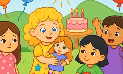 Ci sono 4 bambini: Sofia, una bambina di 4 anni con lunghi capelli castani e occhi brillanti, indossa un vestito rosa a pois bianchi e si trova a sinistra con un leggero sorriso ma un'espressione di tristezza negli occhi. Emma, una bambina di 4 anni con capelli biondi ricci e occhi blu, indossa un vestito giallo con fiori colorati e si trova al centro, tenendo una bella bambola. Giulia, una bambina di 4 anni con capelli neri e occhi marroni, indossa un vestito verde e si trova a destra di Emma, sorridente con una piccola macchina rossa in mano. Mia, una bambina di 4 anni con capelli castani e trecce, indossa un vestito viola e si trova accanto a Giulia, sollevando le braccia in aria con entusiasmo. La scena si svolge in un giardino soleggiato, pieno di palloncini colorati e con una grande tavola decorata con una torta di compleanno circondata da fiori multicolori. I raggi di sole illuminano lo spazio, creando un'atmosfera gioiosa. I quattro bambini giocano insieme attorno alla bambola di Emma; Sofia, che inizialmente era un po' triste, sorride ora guardando la bambola, mentre Emma invita le sue amiche a giocare con lei. Gli altri bambini ridono e si divertono, creando un'atmosfera di condivisione e amicizia.