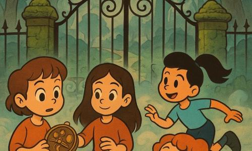 Ci sono quattro bambine davanti al vecchio cancello in ferro battuto del Parco delle Nebbie: Ada (~12 anni) a sinistra, capelli castani corti, tiene una vecchia bussola di rame con quattro lune incise e la apre guardandola; Lia (~11 anni) a destra, capelli neri raccolti in coda, pronta a correre; Noor (~12 anni) al centro-retro, pelle abbronzata e capelli lunghi lisci, sfiora le incisioni della bussola con mano calma; Mira (~11 anni) in primo piano, capelli ricci rossi, stringe un piccolo taccuino di disegni e si china verso il cancello con aria meravigliata. Il cancello è coperto di gocce di rugiada, pilastri di pietra muschiosi; una leggera bruma argentata scende tra alberi alti e contorti e tre sentieri sono visibili oltre le sbarre. La bussola mostra un ago vibrante che punta verso l'interno del parco, la bruma avvolge le loro gambe e l'atmosfera è di meraviglia e imminente avventura con una luce dolce di fine pomeriggio dorata e bluastra.