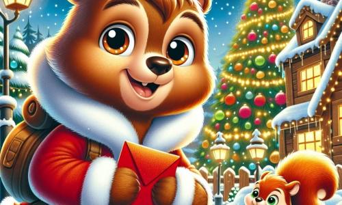 Un piccolo orso bruno di nome Bruno, con un pelliccia morbida e occhi scintillanti di curiosità, si trova al centro dell'immagine, tenendo una lettera rossa tra le zampe. La sua espressione è determinata e gioiosa, mostrando il suo entusiasmo per la missione di Natale. Accanto a lui, un piccolo scoiattolo di nome Cip, con una pelliccia rossa brillante e una coda folta, sorride ampiamente, i suoi occhi brillanti di eccitazione. Salta sul posto, pronto a seguire Bruno nella sua avventura. Sullo sfondo, il villaggio di Natale è illuminato da luci scintillanti, con case di legno decorate di neve e fiocchi che cadono dolcemente dal cielo. Gli alberi di Natale ornati di palline colorate aggiungono un tocco festivo alla scena. Bruno e Cip sono pronti a partire per il Polo Nord, circondati dall'atmosfera magica del Natale, con stelle brillanti nel cielo notturno e una dolce luce dorata che emana dalle finestre delle case.