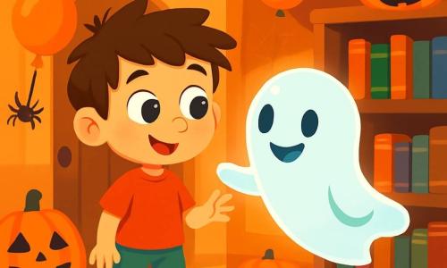 Un niño de 6 años, Nico, con cabello castaño despeinado y ojos llenos de curiosidad, se encuentra en el centro de la escena, con una ligera sonrisa en su rostro, mirando con asombro a un pequeño fantasma sonriente. El fantasma, llamado Gus, es translúcido y brillante, con ojos redondos y amigables, flotando alegremente al lado de Nico. La escena tiene lugar en una escuela decorada para Halloween, con guirnaldas de telarañas, calabazas espeluznantes y globos naranjas que flotan en el techo, creando una atmósfera festiva y misteriosa. Nico y Gus están cerca de la biblioteca, donde una luz suave ilumina los libros antiguos, mientras que una puerta de madera chirría levemente, añadiendo un toque de suspense a la aventura que comienza.