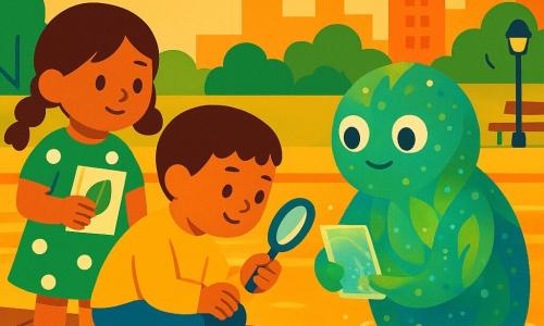 Hay tres personajes: Luna, niña de 5 años con coletas castañas y vestido verde de lunares, sostiene un pequeño cuaderno de herbario contra el pecho y está de pie a la izquierda del muelle mirando a la criatura con sorpresa y ternura; Mateo, niño de 5 años de pelo castaño corto con suéter amarillo, agachado junto a Luna y mirando el agua con una lupa de plástico en la mano derecha; y una criatura acuática extraterrestre, pequeña y redondeada del tamaño de un niño, piel de hojas translúcidas que cambian de verde a azul, ojos perla grandes, cubierta de burbujas brillantes, medio emergiendo del agua frente a los niños, sosteniendo un cuaderno translúcido y ofreciendo una hoja luminosa a Luna. Lugar: muelle de madera algo gastado junto a un amplio río tranquilo con agua espejo y reflejos dorados, cañas y algunas gaviotas, fondo de ciudad con bloques de colores suaves, bancos y farolas estilizadas. Situación: encuentro amistoso en la orilla mientras la criatura sale del río dejando burbujas, los niños maravillados intercambian cuadernos y una hoja luminosa; atmósfera cálida en tonos pastel saturados y contrastes definidos como un cartel de bloques de color.