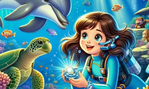 An 8-year-old girl named Lily, with long brown hair floating in the water, wears a bright blue wetsuit. She has a look of wonder on her face, her eyes sparkling with curiosity as she holds a shiny tool in her hands. Beside her is a joyful dolphin named Dazzle, with gleaming gray skin, swimming gracefully, his eyes twinkling with mischief. In the background, a wise old turtle, Tucker, with a green shell and gentle eyes, watches the scene from a coral-covered rock. The setting is a beautiful coral reef, filled with vibrant corals, colorful fish, and rays of light filtering through the clear water. The main scene shows Lily discovering a tool hidden in an underwater cave, surrounded by her marine friends, ready to take on the challenge of fixing her grandfather's boat.