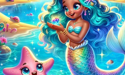 Marina, a mermaid with long wavy turquoise hair, joyfully swims in a shimmering oasis, her face glowing with wonder. Her fish tail, adorned with iridescent patterns, sparkles in the sunlight as she holds a brightly colored magical stone in her hands. Beside her, Starry, a small vibrant pink starfish, floats in the water, his eyes sparkling with curiosity. He enthusiastically gestures, encouraging Marina to explore further. The oasis is surrounded by golden dunes glistening in the sun, with palm trees gently swaying in the breeze. Colorful flowers line the clear water, creating an enchanted atmosphere. In this scene, Marina discovers the magical stone she found, awed by its beauty, while Starry encourages her to embark on an adventure to return it to the Wind Spirit, creating a sense of exploration and camaraderie.