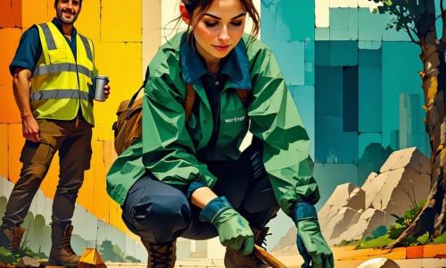 Vrouwelijke archeoloog (30–40) met bruin haar in een knot, knielend en geconcentreerd, draagt een groene werkjas met “Werk met respect” op de rug en houdt met handschoenen een troffel bij een deels blootliggend bot; een mannelijke assistent (25) met korte haren, modderige laarzen en thermos staat linksachter, glimlachend en houdend een geel vlaggetje; een vrouwelijke specialist (30–40) met rugzak en bril hurkt rechts en bereidt een gelabeld buisje; een oudere dorpsvrouw (~60) staat achteraan met een eenvoudig mantel en notitieboekje bij een cirkel van stenen; plek: mistig ochtendveld met houten planken, aardetinten tapijt en een geïmproviseerde tafel met gereedschap; hoofdactie: voorzichtige vondst van een kleine bronzen fibula bij een gedeeltelijk blootgelegd skelet in een respectvolle, stille sfeer met langzame precieze handelingen, zichtbare texturen (vochtige aarde, groen-geverfd metaal, ruwe handschoenen); kleurenpalet: vlakke contrasterende tonen — diepe groenen, warme bruin-ocre en koper/groenpatina, zachte ochtendlichtsfeer, lange schaduwen en duidelijke contouren, kinderlijke maar gedetailleerde stijl.