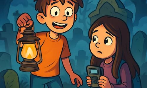 Um garoto de 12 anos, Lucas, com cabelos castanhos bagunçados e olhos arregalados, está no centro de um antigo cemitério, segurando uma lanterna. Seu rosto expressa excitação e um leve tremor de medo enquanto ele observa as sombras ao seu redor. Ao seu lado, sua melhor amiga Ana, uma menina de 11 anos com cabelos longos e castanhos, demonstra curiosidade misturada com apreensão, segurando firmemente um pequeno gravador. O cemitério está envolto em uma névoa densa, com lápides antigas cobertas de musgo e árvores tortuosas que parecem sussurrar segredos. A lua brilha fracamente, projetando sombras longas no chão, criando uma atmosfera misteriosa e levemente inquietante. Lucas e Ana estão diante de uma grande lápide, seus rostos iluminados pela luz trêmula da lanterna, enquanto descobrem uma abertura escura e estreita no solo, parecendo levar a um mundo desconhecido.