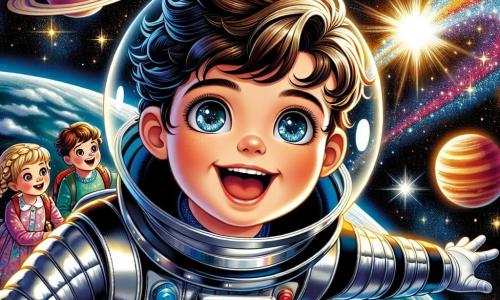 Młody astronauta, Janek, ośmioletni chłopiec, ma na sobie błyszczący, srebrny skafander kosmiczny i wielki, zachwycony uśmiech na twarzy. Jego oczy lśnią radością, gdy unosi się w przestrzeni kosmicznej, otoczony pięknymi, migoczącymi gwiazdami i kolorowymi planetami. W pobliżu grupa dzieci, trzech chłopców i dwie dziewczynki w wieku od 6 do 8 lat, patrzy na Janeka z podziwem. Jeden z chłopców, z rozczochranymi brązowymi włosami, podnosi rękę, aby przywitać swojego przyjaciela astronautę, podczas gdy dziewczynka z warkoczami wskazuje palcem na migoczącą gwiazdę, zachwycona. Scena rozgrywa się w nieskończoności kosmosu, gdzie planety w żywych kolorach, takie jak niebieska Ziemia i czerwona Mars, unoszą się na czarnym niebie usłanym lśniącymi gwiazdami. Janek, radośnie unosząc się w przestrzeni, pokazuje dzieciom cuda kosmosu, opowiadając fascynujące historie o gwiazdach i planetach, tworząc w ten sposób magiczny moment odkrywania i zachwytu.