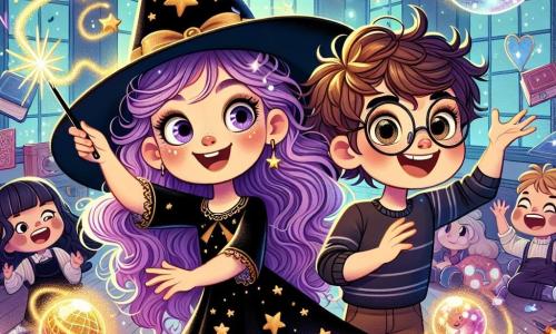 En el centro de la imagen, Lila, una joven bruja de 10 años con largos cabellos ondulados de color violeta, lleva un vestido negro adornado con estrellas doradas. Su rostro está iluminado por una gran sonrisa, y sus ojos brillan de curiosidad mientras sostiene una varita mágica brillante, lista para lanzar un hechizo. A su lado, Tomás, un chico de 11 años con cabello castaño desordenado y gafas redondas, observa maravillado, con los brazos cruzados, riendo de alegría. Ambos se encuentran en un aula mágica, decorada con globos flotantes y libros voladores, donde destellos de luz colorida bailan a su alrededor. La escena principal muestra a Lila y Tomás realizando un hechizo que hace aparecer un montón de burbujas brillantes, cada una llena de risas y colores, creando una atmósfera alegre y encantada.