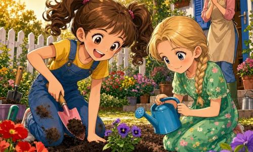 Niña de 8 años de energía desbordante con coletas castañas y sonrisa, entusiasta cavando un hoyo con una pala rosa y plantando una semilla; su amiga Clara, 9 años, rubia con trenzas y vestido verde, arrodillada con un regador azul, miradas cómplices; al fondo una madre de ~35 años sonriendo junto a la puerta del jardín; pequeño jardín suburbano al atardecer con luz dorada, parterres de flores multicolores, herramientas y una casita con puerta azul; escena alegre y dinámica de cooperación mientras plantan para un concurso vecinal.