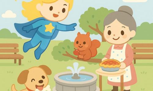 La protagonista è una supereroina, Splenda Stella, sorridente e sicura, capelli gialli, costume blu con una grande stella dorata sul petto, che fluttua leggermente tendendo la mano per rassicurare gli amici; Leo è un cagnolino maschio, taglia bimbo di circa 5 anni, marrone chiaro con grandi orecchie cadenti, scodinzola felice tenendo un osso trovato vicino a Splenda Stella; Gigetto è uno scoiattolino rosso, paffuto, con le guance piene di tesori, seduto su un ramo basso della siepe, un po' timido ma sorridente con una ciliegia in mano; la signora Gina è una donna adulta, panettiera, capelli grigi raccolti, grembiule a pois, in piedi accanto a un tavolino con una crostata di ciliegie, serena e felice; il luogo è un parco cittadino colorato con prato verde, una fontana circolare di pietra, fiori rossi e gialli, una siepe bassa e alcune panchine sotto un cielo dolce e luminoso; situazione: inizia la festa, tutti si raccolgono attorno alla fontana tra risate e gesti di condivisione, colori pastello ed espressioni amichevoli.