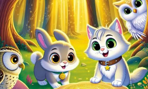 A curious cat named Oliver, with fur as soft as a cloud and eyes shining like stars, stands at the center of the scene, his expression full of wonder and excitement. Next to him, Bella, a small bunny with big ears and fluffy white fur, looks at Oliver with an encouraging expression, her front paws raised as if ready to leap. In the background, a wise owl named Olivera, with silver feathers and wise eyes, observes the scene from a tree branch, his attentive and caring gaze fixed on them. The setting is an enchanted clearing surrounded by majestic trees with thick trunks and vibrant green leaves, where golden sunlight filters through the branches, creating dancing shadows on the ground. At the center of the clearing, an ancient rock adorned with mysterious symbols glows softly, capturing the attention of the characters. The main situation shows Oliver and his friends discovering the hidden treasure, their faces illuminated with joy and excitement as they realize that the true treasure is their friendship.