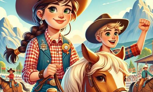 Clara, uma jovem cowgirl de 12 anos, está no centro da imagem, com um grande chapéu de cowboy, cabelos castanhos presos em uma trança e um sorriso determinado no rosto. Ela usa uma camisa xadrez vermelha e uma calça jeans, segurando firmemente as rédeas de seu cavalo, Relâmpago, um magnífico mustang com crinas douradas que brilham ao sol. Ao seu lado está Lucas, seu melhor amigo, um garoto de 11 anos com cabelos loiros bagunçados e óculos redondos, que a encoraja levantando o punho em sinal de apoio, com uma expressão de empolgação no rosto. O cenário é uma arena empoeirada, cercada por espectadores entusiasmados, com montanhas majestosas ao fundo e um céu azul brilhante. Banderolas coloridas flutuam ao vento, adicionando um toque festivo à atmosfera. A situação principal mostra Clara pronta para participar de uma competição de cowboys, determinada a provar seu valor diante de adversários mais velhos e experientes, com uma atmosfera de desafio e excitação palpável no ar.