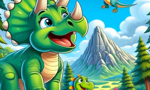 Un triceratops numit Trixie, cu o piele verde strălucitoare și trei coarne distincte pe frunte, exprimă o mare bucurie și entuziasm în timp ce stă pe un vârf de munte, cu labele din față ușor ridicate, pregătit să plece în aventură. Lângă el, un stegosaurus numit Spike, cu plăci dorsale colorate și un zâmbet prietenos, îl privește pe Trixie cu admirație, în timp ce un pterodactil numit Poppy, cu aripile desfăcute și pene viu colorate, zboară deasupra lor, observând jungla de mai jos. În fundal, jungla luxuriantă se întinde cât vezi cu ochii, cu copaci uriași, flori strălucitoare și munți majestuoși sub un cer albastru deschis. Scena reprezintă momentul în care Trixie și prietenii săi se pregătesc să-l întâlnească pe Rex, legendarul T-Rex, pentru a-i cere ajutorul în protejarea casei lor.