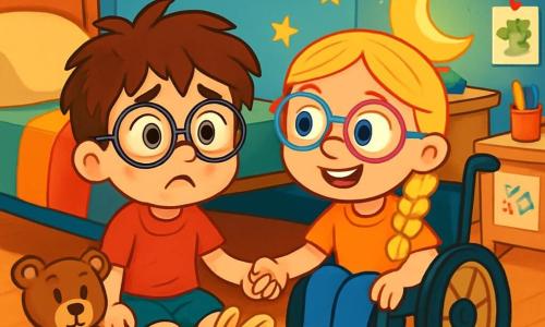 Er zijn 2 hoofdpersonages: - Sam: een 5-jarig jongetje met grote nieuwsgierige ogen, rommelig bruin haar en een grote bril. Hij zit op de grond, omringd door zijn knuffels, met een bezorgde maar vastberaden uitdrukking. - Noor: een 5-jarig meisje, glimlachend, met gevlochten blond haar en kleurrijke brillen. Ze zit in haar mooie rolstoel, naast Sam, en houdt zijn hand vast om hem gerust te stellen met een vriendelijke blik. De situatie speelt zich af in Sam's kamer, met lichtblauwe muren en glinsterende gouden sterren. Er is een bed met kleurrijke lakens, knuffels verspreid over de vloer en een klein bureau met potloden en tekeningen aan de muur. Een zacht licht van een kleine maanlamp creëert een warme en troostende sfeer. De hoofdactie toont Sam en Noor, samen op de grond zittend, terwijl ze onder het bed en achter de commode kijken om te bewijzen dat er geen monsters zijn. Ze zijn omringd door speelgoed en tekeningen, terwijl een zacht licht hun gezicht verlicht, wat hun moed symboliseert in het omgaan met hun angsten.