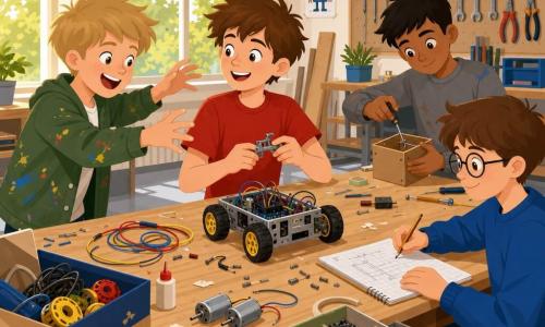 Vier Jungen, 11 Jahre: Noah, heller Teint, zerzauste braune Haare, rotes T‑Shirt, lächelt und hält ein kleines Roboterteil in der Hand, in der Mitte der Werkbank; Timo, heller Teint, kurze blonde Haare, grüne, färbige Jacke, lacht und greift nach einem Roboter, links von Noah; Ben, heller Teint, runde Brille, blauer Pullover, hält Notizbuch und Stift und misst, rechts von Noah; Emir, dunklere Haut, kurze schwarze Haare, grauer verschlissener Hoodie, ordnet Schrauben in einer kleinen Box, leicht zurückgesetzt rechts am Werkbankrand. Heller Schulwerkraum mit großen Fenstern, hellen Wänden, Holzbänken, offenen Boxen mit Schrauben, Kabeln und bunten Rädern, Werkzeuge an der Wand, Boden mit Papierresten. Die Jungs bauen gemeinsam einen kleinen Roboter mit verstreuten Teilen, bunten Kabeln und zwei sichtbaren Motoren; Emir hilft beim Aufräumen und wirkt ruhig integriert, warme Sonnenbeleuchtung, Kleber und Klebebandspuren auf dem Tisch.