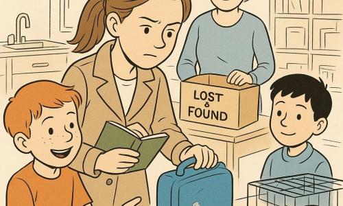 Detective Mira, focused yet gentle face, bright eyes, brown hair in a ponytail, wearing a small jacket, holding an open green notebook in one hand and a sticky blue yogurt lunchbox in the other; Ben, about 7, relieved and joyful, red hair and freckles, standing left of Mira holding the found lunchbox; Ms. Lark, the teacher, calm and smiling with short light-gray hair, standing behind the desk with a hand on an open 