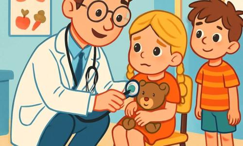 A smiling and kind doctor, Dr. Ben, wears a pristine white coat and a stethoscope around his neck. He has brown hair and round glasses that give him a friendly look. He is crouching down to examine a 7-year-old girl named Emma, who has blonde braided hair and a worried face. She is holding a teddy bear against her while sitting in a chair in the medical office. Next to them, a 6-year-old boy named Max, with messy brown hair and a scraped knee, watches curiously from a little distance, observing Dr. Ben with wide eyes. The setting is a bright and welcoming waiting room with pastel blue walls, colorful health posters, and toys scattered on a plush carpet. The main scene shows Dr. Ben reassuring Emma, gently explaining what he will do to help her feel better, while Max, intrigued, waits for his turn with a shy smile.