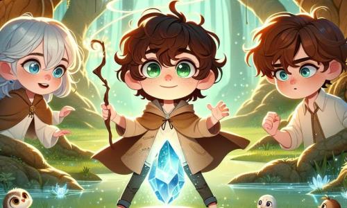 El personaje principal, Elías, es un joven mago de doce años, con cabello rizado y castaño y ojos esmeralda brillantes de emoción. Se encuentra en el centro de un claro encantado, levantando su varita mágica hacia un cristal brillante que flota sobre un pedestal de piedra, con su rostro iluminado por una luz de esperanza y determinación. A su lado, Maya, una niña de doce años con cabello plateado, murmura palabras mágicas, sus ojos azules fijos en el cristal, mientras un ligero chorro de agua gira a su alrededor, creando una aura mística. Leo, un niño de doce años con cabello castaño y ojos traviesos, está un poco más atrás, rodeado de pequeños animales del bosque que lo escuchan atentamente, listo para intervenir si es necesario. El lugar es un claro mágico, bañado en luz dorada, rodeado de árboles majestuosos y hojas brillantes, donde flores coloridas bailan al ritmo de una suave brisa. Luciérnagas iluminan la atmósfera, añadiendo un toque de fantasía a la escena. La situación principal muestra a Elías, Maya y Leo unidos en un momento de intensa concentración, mientras conjuran juntos un poderoso hechizo para liberar el Cristal de Veritas, símbolo de verdad y esperanza, enfrentando la sombra amenazante de la maldición que pesa sobre su familia.