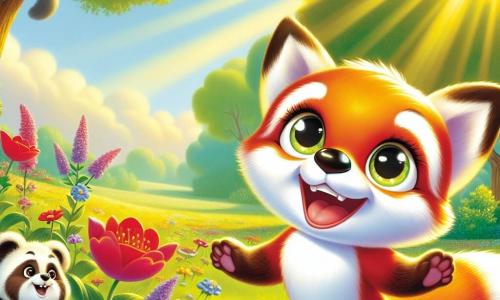 Un pequeño zorro de pelaje brillante y cola esponjosa, con ojos chispeantes de curiosidad y una amplia sonrisa, se encuentra en el centro de un prado soleado, rodeado de flores coloridas. A su derecha, un panda rojo de pelaje rojizo y rostro amigable sonríe al zorro. A la izquierda, una pequeña ratón gris con grandes orejas observa la escena desde una rama, lista para unirse a ellos. El prado es verde, bañado de luz dorada y lleno de flores de varios colores. La situación principal muestra al zorro y al panda rojo riendo juntos, mientras la ratón los observa con una sonrisa, simbolizando la amistad entre animales de diferentes especies.