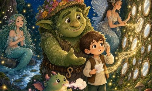 Un troll prietenos, față rotundă verde mușchi, poartă o căciuliță din flori și întinde mâna spre un băiat de circa 6 ani, păr castaniu, care ține o foaie mototolită și o scoică la ureche, arătându-i o scânteie pentru a‑l ajuta să‑și „găsească numele”; o creatură‑dragon plușată stă la picioarele copilului și suflă fum vanilat cu scântei roz, o sirenă cu păr de mușchi cântă de pe malul unui pârâu argintiu, iar o paznică jumătate femeie, jumătate pasăre, cu aripi filigran de argint veghează lângă un perete de oglinzi care trimit lumini aurii; locul e o poiană de noapte cu iarbă moale plină de licurici, trunchiuri mari mușcate, pietre plate și lună strălucitoare; atmosferă caldă, culori moi (verdele mușchi, albastru noapte, auriu pal), expresii liniștitoare, compoziție centrată pe legătura dintre troll și băiat, stil desen animat 2D, linii rotunde, textură blândă, paletă pastel potrivită copiilor de 4 ani.