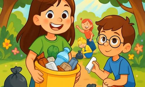 Una niña de 8 años, Clara, con largos cabellos castaños y ojos llenos de curiosidad, sonríe alegremente mientras sostiene un gran cubo amarillo lleno de basura. Lleva una camiseta verde con un dibujo de un árbol y un short de mezclilla, y parece decidida y entusiasta. A su lado, Tomás, un niño de 8 años con cabello castaño y gafas redondas, está recogiendo un trozo de plástico del suelo, con una expresión concentrada. Lleva una camiseta azul y un short rojo, y está ligeramente al fondo, mirando a Clara con admiración. El parque es verde, lleno de árboles majestuosos con hojas brillantes y flores coloridas que bordean un camino de tierra. Rayos de sol atraviesan las ramas, iluminando el espacio de manera cálida y acogedora. La escena principal muestra a Clara y Tomás, rodeados de sus amigos, limpiando el parque, riendo y animándose mutuamente. Hay bolsas de basura esparcidas a su alrededor, y la atmósfera es alegre y dinámica, ilustrando el espíritu de camaradería y compromiso con la ecología.