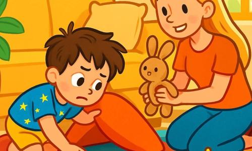Een 4-jarig jongetje, Sam, met rommelig bruin haar en nieuwsgierige ogen, zit op de grond, met een bezorgde en vastberaden blik, op zoek onder een kussen. Hij draagt een blauwe t-shirt met sterren en een gele short. Naast hem moedigt zijn moeder, een glimlachende vrouw van ongeveer 30 jaar met lang blond haar, hem aan met een warme blik, terwijl ze een knuffel in haar handen houdt. In de kamer is een lichte en uitnodigende woonkamer, met een grote zachte bank, speelgoed verspreid over het kleurrijke tapijt en zonnestralen die door de gordijnen schijnen. De belangrijkste situatie toont Sam en zijn moeder die samen naar de verloren knuffel zoeken, omringd door speelgoed, in een sfeer van mysterie en avontuur.