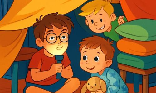 Er zijn 3 personages: - Daan: Een 10-jarig jongetje met rommelig bruin haar en een bril met ronde glazen. Hij draagt een rode t-shirt en een blauwe short. Hij zit in de fort in kleermakerszit, met een zaklamp onder zijn kin en een mysterieuze uitstraling. - Sam: Een 8-jarig jongetje met blond haar en een ondeugende glimlach. Hij is gekleed in een groene t-shirt en een gestreepte korte broek. Hij verstopt zich achter een stapel kussens, klaar om een grap uit te halen. - Tijn: Een 5-jarig jongetje met kastanjebruin haar en ronde wangen. Hij draagt een pyjama met dinosaurussen. Hij zit naast zijn grote broer, houdt zijn knuffel, een klein konijn genaamd Flap, vast en kijkt met glinsterende ogen. De situatie speelt zich af in de jongenskamer, die is omgetoverd tot een leuk fort. Stoelen zijn omgevallen, kleurrijke lakens zijn over tafels gespannen, en kussens zijn gestapeld op een barricade. Speelgoed ligt verspreid en een zacht licht filtert door de lakens, wat een warme en geheime sfeer creëert. De hoofdscène van het verhaal toont de drie broers die op een geheime missie zijn om ijsjes uit de keuken te stelen, met vastberaden en opgewonde gezichten. Ze sluipen stilletjes, klaar om alle gevaren te trotseren, zoals hun moeder met een stofzuiger, terwijl ze samen lachen en fluisteren.