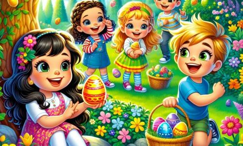 En un jardín colorido de primavera, cinco niños están reunidos para una búsqueda de huevos de Pascua. Sofía (niña, 6 años) tiene el cabello largo y castaño y lleva un vestido rosa con flores, agachada junto a una maceta, sonriendo con un huevo amarillo brillante. Tomás (niño, 6 años) tiene el cabello rubio despeinado y lleva una camiseta azul, de pie con los brazos en alto en señal de victoria, cerca de un árbol. Ana (niña, 6 años) tiene el cabello negro trenzado y lleva una falda verde, buscando bajo un arbusto con ojos curiosos. Lucas (niño, 6 años) usa gafas y tiene cabello castaño, señalando un camino misterioso entre los árboles con aire intrigado. Valentina (niña, 6 años) tiene el cabello rojo y lleva una blusa amarilla, sentada en la hierba, riendo con los otros niños, rodeada de flores multicolores. El jardín está lleno de flores brillantes, mariposas revoloteando y un cielo azul claro, con un gran árbol de ramas florecidas en el centro que ofrece una sombra suave. Los niños están en plena búsqueda de huevos, riendo y exclamando alegremente al descubrir huevos coloridos escondidos entre las flores y los arbustos.