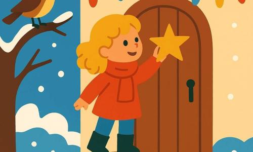 Clara, una niña de 6 años con cabello rubio y rizado, lleva una bufanda roja y botas negras. Está alegre y concentrada, de pie sobre una caja de madera frente a una puerta de madera, colgando una estrella dorada brillante. Un pequeño pájaro, Benito el gorrioncito, está posado en una rama cercana, observando a Clara con curiosidad y ánimo. La escena tiene lugar frente a una casa de campo nevada, con guirnaldas de luces de colores alrededor de la puerta. La nieve blanca y brillante cubre el suelo, creando una atmósfera invernal mágica y festiva. Clara está decorando la puerta con una estrella brillante, simbolizando la generosidad y la magia de la Navidad.