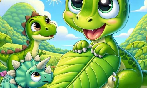 Un pequeño velocirraptor llamado Dino, con escamas verdes brillantes y ojos grandes y curiosos, está sentado sobre una gran hoja verde, mostrando una amplia sonrisa de alegría. A su lado, su mejor amiga, la triceratops Tina, con sus tres cuernos y su cuerpo robusto, mira la hoja con asombro, sus ojos brillando de felicidad. Un poco más lejos, el gentil estegosaurio Sam, con su cola adornada con grandes placas, se acerca sonriendo, listo para unirse a sus juegos. La escena tiene lugar en una vasta llanura verde, salpicada de grandes árboles con hojas exuberantes y flores coloridas, bajo un cielo azul brillante. A lo lejos, suaves colinas se dibujan en el horizonte, añadiendo belleza al paisaje. Dino, Tina y Sam están reunidos, riendo y jugando juntos alrededor de la gran hoja, compartiendo un momento de felicidad y amistad bajo el radiante sol.