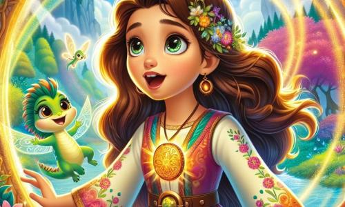 Al centro dell'immagine, una ragazza di 11 anni, Lila, si trova con uno sguardo meravigliato e coraggioso. Ha lunghi capelli castani che fluttuano nel vento, occhi color nocciola brillanti di curiosità, e indossa una tunica colorata con motivi floreali. Nella sua mano tiene un amuleto di bronzo scintillante, illuminato da una luce dorata, mentre si trova davanti a un portale magico che vortica di colori vivaci. Accanto a lei, un piccolo drago di nome Fion, con squame verdi luccicanti e ali trasparenti, vola gioiosamente attorno a lei. Sorride amichevolmente e sembra incoraggiare Lila nella sua avventura. Il paesaggio è una valle incantata, piena di alberi maestosi con foglie verdi brillanti, fiori dai colori vivaci e un cielo blu punteggiato di nuvole morbide. In secondo piano, creature fantastiche danzano e giocano, aggiungendo un tocco di magia all'insieme. La situazione principale mostra Lila pronta a entrare nel portale scintillante, con un mix di eccitazione e determinazione sul volto, mentre Fion la incoraggia entusiasticamente, pronto ad accompagnarla in questa nuova avventura magica.