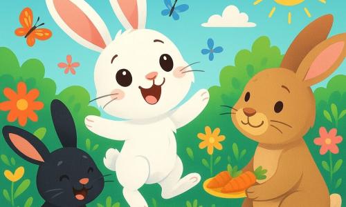In der Mitte des Bildes springt Lilly, ein kleiner Hase mit großen Ohren und weichem, weißem Fell, voller Freude und mit neugierigen, strahlenden Augen, enthusiastisch in einen sonnigen Garten, umgeben von bunten Blumen und schwirrenden Schmetterlingen. Rechts von ihr lächelt ihre Mama, eine hellbraune Häsin, zärtlich und hält einen kleinen Teller mit frischen Karotten, während links ihr Papa, ein schwarzer Hase mit weißen Flecken, lachend mit einem bunten Ball spielt. Der Garten ist üppig grün, mit einem strahlend blauen Himmel und flauschigen Wolken, was eine fröhliche und einladende Atmosphäre schafft. Lilly, voller Energie, bereitet sich darauf vor, zu ihren Eltern zu springen, um ihre Freude an einem Familientag zu teilen.