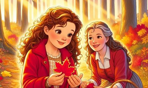 Una niña de 12 años, con cabello castaño y rizado, lleva una chaqueta roja brillante. Tiene una sonrisa maravillada en su rostro, con los ojos brillantes de curiosidad mientras se inclina para recoger una hoja de arce rojo del suelo. Cerca, una madre de unos 35 años, con cabello largo y liso, sonríe tiernamente al mirar a su hija, sosteniendo una pequeña cesta llena de manzanas. El lugar es un hermoso bosque en otoño, con árboles majestuosos de hojas doradas, naranjas y rojas, y una alfombra de hojas crujientes que cubre el suelo. La luz del sol filtra a través de las ramas, creando un juego de sombras y luces en el suelo. La situación principal muestra a la niña maravillada por la belleza del paisaje, descubriendo los tesoros del otoño, mientras que su madre la anima con una mirada benevolente, compartiendo un momento precioso entre ellas.