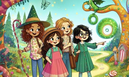 In una foresta incantata, quattro amiche sono insieme, pronte per l'avventura. **Mia**, una ragazza di 10 anni con capelli ricci e castani, indossa un vestito rosa acceso e un cappello di paglia. Al suo fianco, **Laura**, una ragazza di 9 anni con capelli biondi e occhiali tondi, indossa una camicia a fiori e un pantaloncino di jeans, osserva curiosa un albero con foglie dorate. A sinistra, **Giulia**, una ragazza di 10 anni con capelli lisci e neri, vestita con una tunica verde, indica un sentiero misterioso. Infine, **Sara**, una ragazza di 9 anni con capelli castani e una treccia, in abbigliamento blu, osserva un piccolo drago verde brillante che vola intorno a loro. La foresta è magica, con alberi dai tronchi colorati, fiori vivaci e un cielo blu punteggiato di nuvole a forma di caramelle. Vicino scorre un ruscello scintillante, aggiungendo un tocco di magia all'ambiente. Le quattro amiche scoprono un grande albero con radici colorate, dove trovano uova di Pasqua scintillanti, pronte per essere esplorate. L'emozione è palpabile mentre si preparano a risolvere enigmi per ritrovare un uovo magico rubato da un goblin.