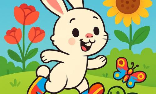 Ein kleiner Hase mit großen Ohren, weichem, weißem Fell und funkelnden Augen springt fröhlich über ein grünes Feld. Er trägt bunte, rote und blaue Schuhe, die in der Sonne glänzen. Neben ihm tanzt ein Schmetterling mit bunten Flügeln in der Luft, während eine grüne, schimmernde Schildkröte friedlich auf einem Stein ruht. Im Hintergrund blühen große, leuchtende Blumen wie Rosen und Sonnenblumen unter einem hellblauen Himmel. Die Szene zeigt den Hasen, der bereit ist, an einem Kuchenrennen teilzunehmen, mit einem breiten Lächeln im Gesicht, umgeben von seinen aufgeregten tierischen Freunden.