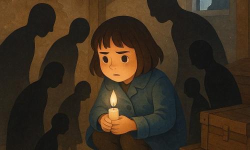 A 10-year-old girl with short brown hair and bangs, a round face and a brave-yet-worried look, crouches by an old wooden trunk in a worn blue coat holding a small lit white candle to her chest; soft, paper-cut black shadow silhouettes in a semicircle—some adult-sized, some small—lean toward the light while a larger, protective shadow stands by a broken skylight facing the street; an old attic with pale wooden beams, cracked floorboards, stacked trunks and moonlit dust sets a slightly unsettling but gentle scene as the warm candle flame casts living shadow shapes across the floor against the cold attic darkness.