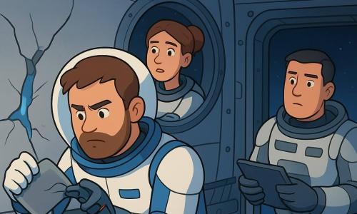 The main character is Milo, a round-faced man with a stubble beard, focused and brave expression, squinting eyes, wearing white-and-blue spacesuit gloves; he presses a large flexible patch against a crack in the station's metal hull, holding pliers and a resin cartridge. A woman, Lysa, about 32, chestnut hair in a bun, tired but reassuring, stands in an interior porthole frame giving instructions via her mic with hands on the control panel. A man, Jae, about 30, broad and square with his helmet up, stands near the airlock holding a shiny tablet and monitoring safety tether lines, watching Milo with controlled concern. The scene is the exterior of the Helios Array: curved silver metal panels, bright bolts, dark-gray rails, small blue guide lights, and Earth in the background with white clouds and a thin orange dawn at the horizon. The main situation: zero-G patching—Milo applying a patch to a fine crack emitting a bluish glow, safety tethers taut, small tools floating, palpable tension but precise, methodical heroic calm, crisp colors and strong contrasts between station shadow and terrestrial glow.