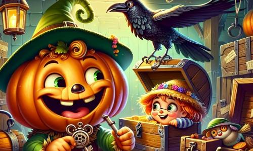 A cheerful and plump pumpkin named Percy, with a big smile and a green hat, rolls enthusiastically into the center of the scene, his eyes sparkling with curiosity. Next to him, Sophie the Scarecrow, with a straw body and a flower-adorned straw hat, smiles with button eyes, holding candy apples while admiring the found treasure. Robbie the Crow, perched on an old beam, has shiny black feathers and mischievous eyes, cawing with excitement, his wings slightly spread. The setting is a dusty old attic filled with cobwebs, old wooden chests, and golden light filtering through a broken window, illuminating forgotten objects. The main scene shows Percy inserting an ancient key into a rusty lock, ready to open a mysterious door, while his friends encourage him with expressions of wonder on their faces.